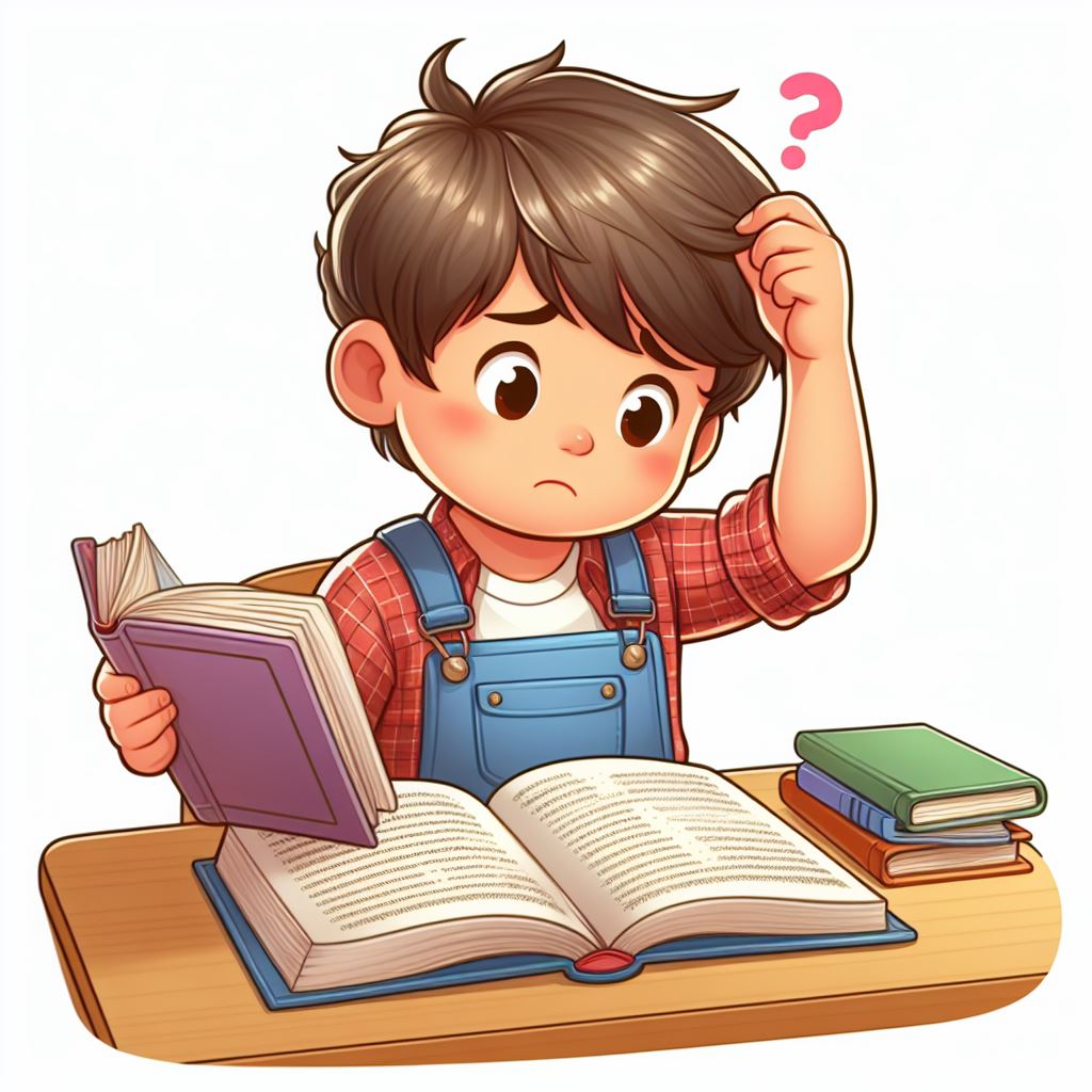 Young boy looking for answers in some books