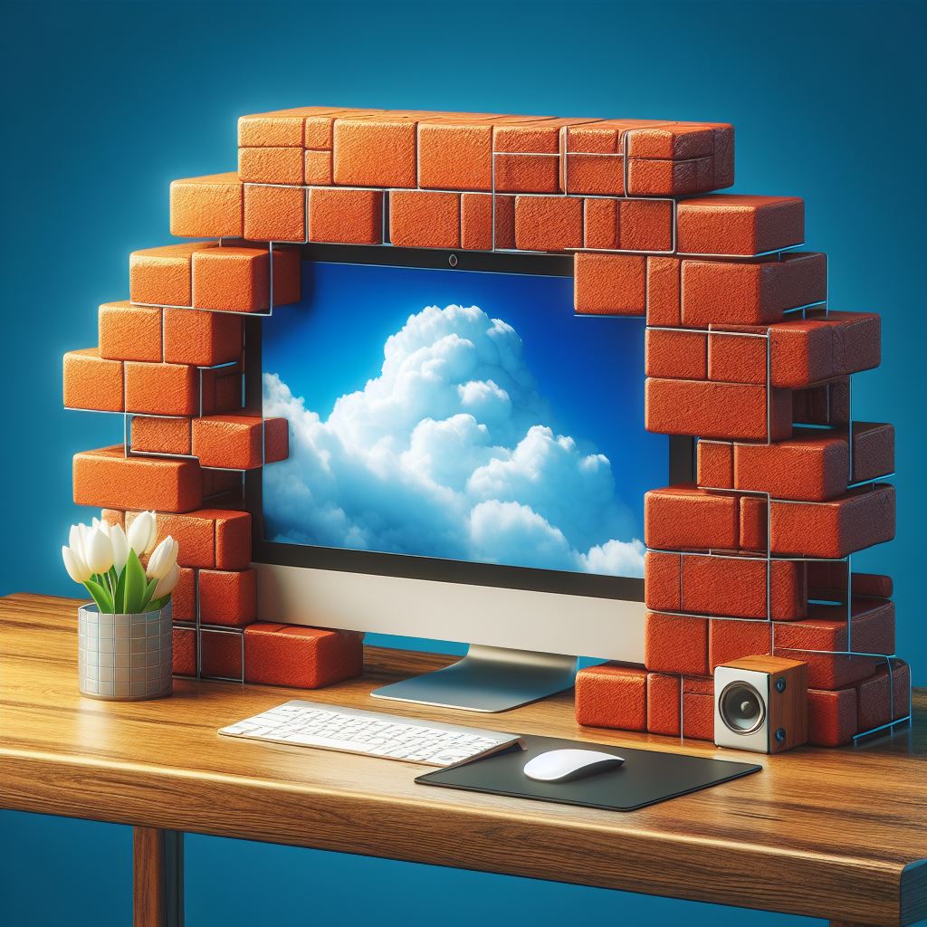 a brick wall around the screen of a computer