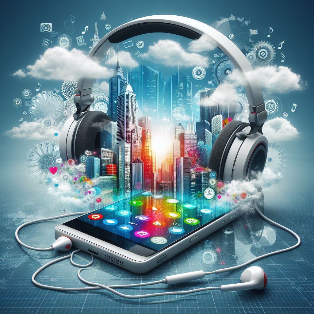Image of a Mobile Phone  with a set of headphones stretched with a city skyline and clouds between